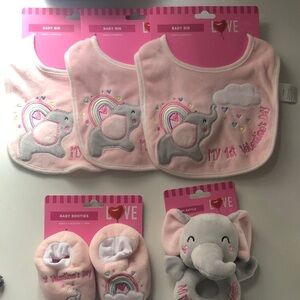 Pink Elephant Baby Bib and Booties rattle Set